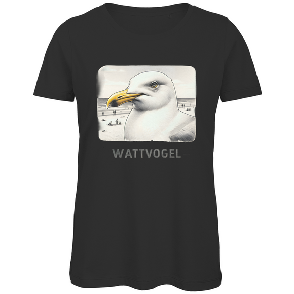Damen Premium Bio T-Shirt Nordsee Möwe mit Strand und Touristen im Hintergrund
