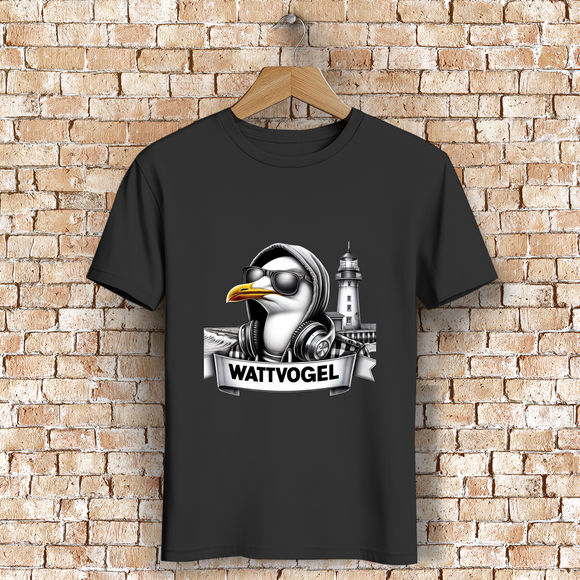 Herren Premium Bio T-Shirt Coole Möwe mit Kaputze und Kopfhörer mit Leuchtturm