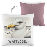 Kopfkissen zweifarbig Nordsee Möwe mit Strand und Touristen im Hintergrund