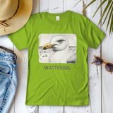 Damen T-Shirt Nordsee Möwe mit Strand und Touristen im Hintergrund