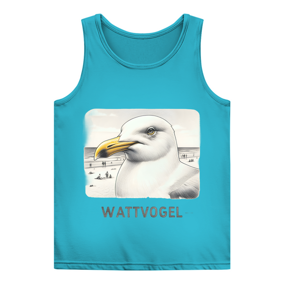 Damen Basic Tank Top Nordsee Möwe mit Strand und Touristen im Hintergrund