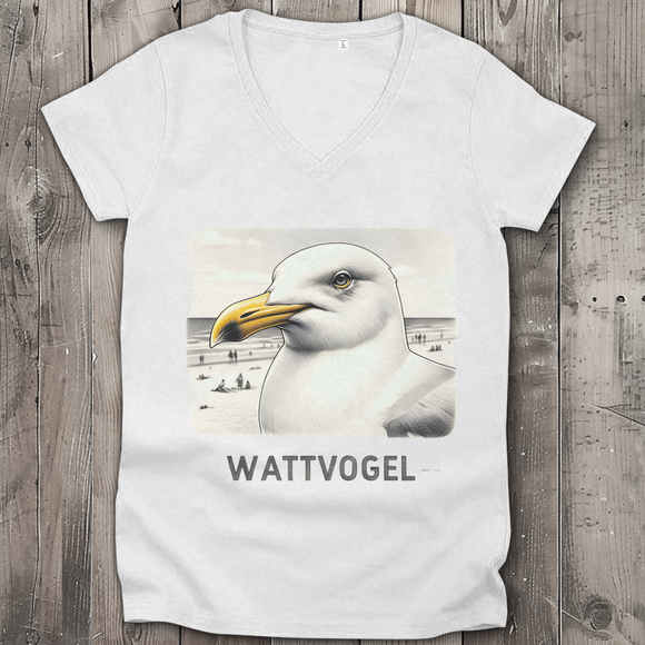 Damen Premium Bio V-Neck T-Shirt Nordsee Möwe mit Strand und Touristen im Hintergrund
