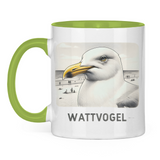 Tasse zweifarbig Nordsee Möwe mit Strand und Touristen im Hintergrund