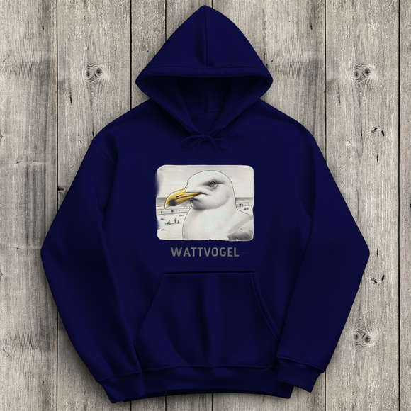 Damen Promo Hoodie Nordsee Möwe mit Strand und Touristen im Hintergrund