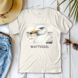 Damen T-Shirt Nordsee Möwe mit Strand und Touristen im Hintergrund
