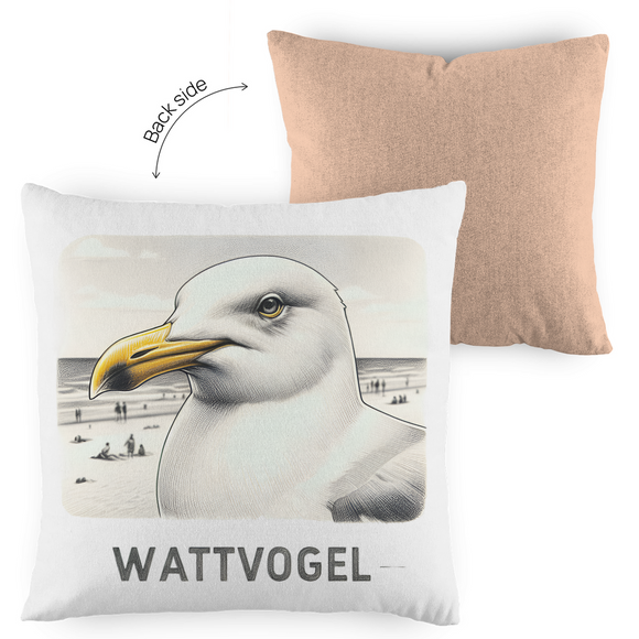 Kopfkissen zweifarbig Nordsee Möwe mit Strand und Touristen im Hintergrund