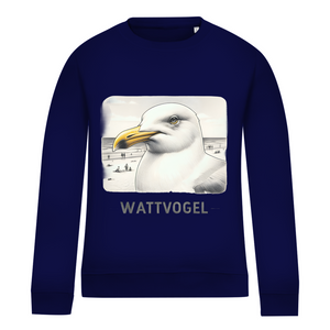 Damen Sweatshirt Nordsee Möwe mit Strand und Touristen im Hintergrund