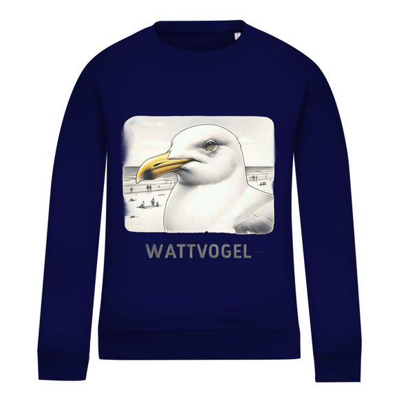 Damen Sweatshirt Nordsee Möwe mit Strand und Touristen im Hintergrund