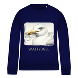 Damen Sweatshirt Nordsee Möwe mit Strand und Touristen im Hintergrund