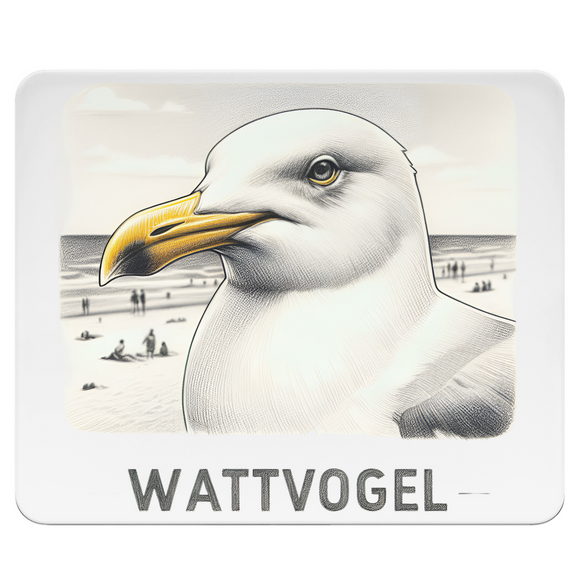 Mousepad Nordsee Möwe mit Strand und Touristen im Hintergrund