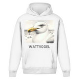 Oversize Hoodie Ohne Kordel Nordsee Möwe mit Strand und Touristen im Hintergrund