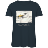 Damen Premium Bio T-Shirt Nordsee Möwe mit Strand und Touristen im Hintergrund
