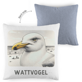 Kopfkissen zweifarbig Nordsee Möwe mit Strand und Touristen im Hintergrund