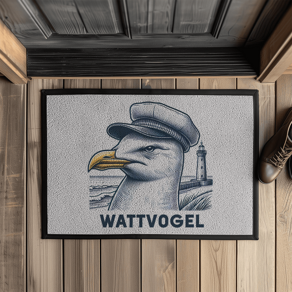 Fußmatte mit Gummirand Wattvogel Möwe mit Kapitänsmütze