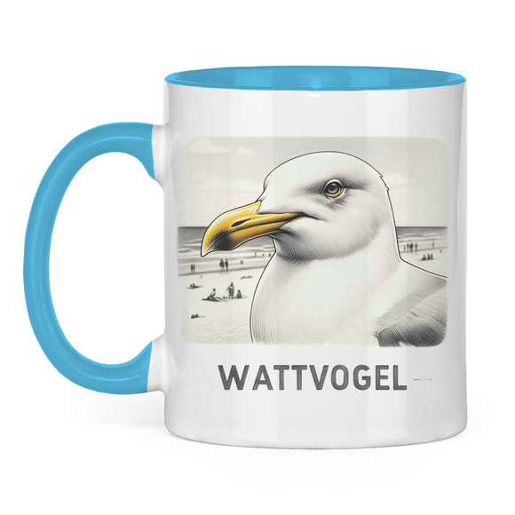 Tasse zweifarbig Nordsee Möwe mit Strand und Touristen im Hintergrund