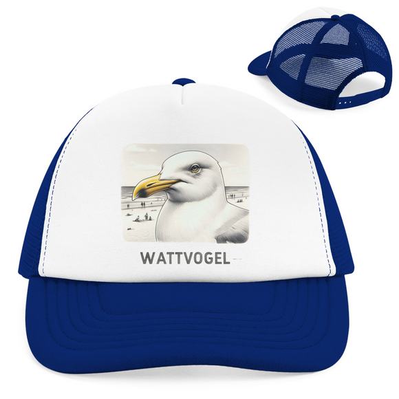 Retro Trucker Cap Nordsee Möwe mit Strand und Touristen im Hintergrund