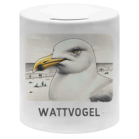 Money box Nordsee Möwe mit Strand und Touristen im Hintergrund