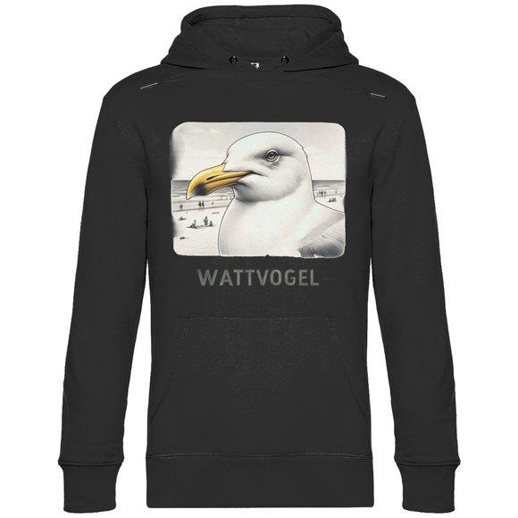 Herren Promo Hoodie Nordsee Möwe mit Strand und Touristen im Hintergrund