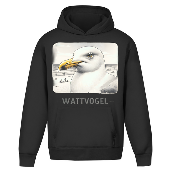Oversize Hoodie Ohne Kordel Nordsee Möwe mit Strand und Touristen im Hintergrund