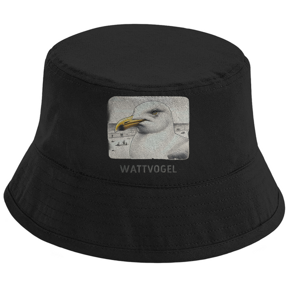 Bucket Hat Nordsee Möwe mit Strand und Touristen im Hintergrund