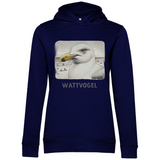 Damen Premium Bio Hoodie Nordsee Möwe mit Strand und Touristen im Hintergrund