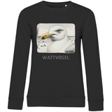 Damen Premium Bio Sweatshirt Nordsee Möwe mit Strand und Touristen im Hintergrund