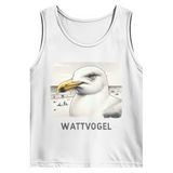 Herren Basic Tank Top Nordsee Möwe mit Strand und Touristen im Hintergrund