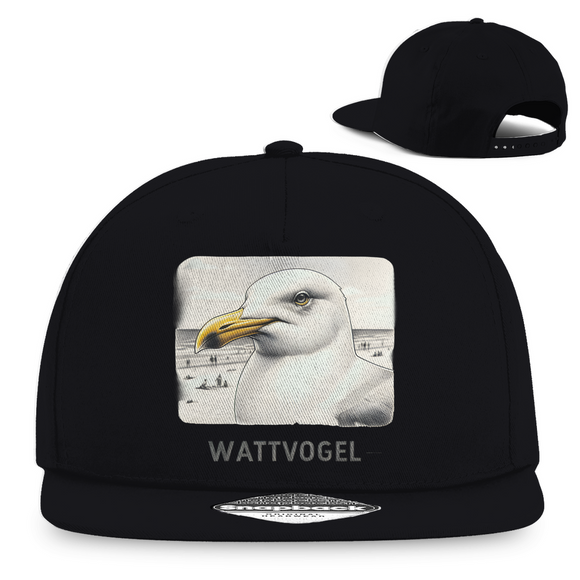Snapback Rapper Cap Nordsee Möwe mit Strand und Touristen im Hintergrund