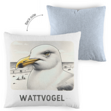 Kopfkissen zweifarbig Nordsee Möwe mit Strand und Touristen im Hintergrund
