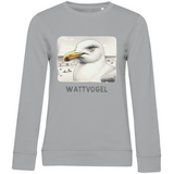 Damen Premium Bio Sweatshirt Nordsee Möwe mit Strand und Touristen im Hintergrund