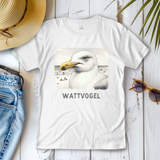 Damen T-Shirt Nordsee Möwe mit Strand und Touristen im Hintergrund