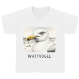 Kinder Basic T-Shirt Nordsee Möwe mit Strand und Touristen im Hintergrund