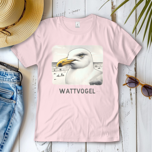 Damen T-Shirt Nordsee Möwe mit Strand und Touristen im Hintergrund