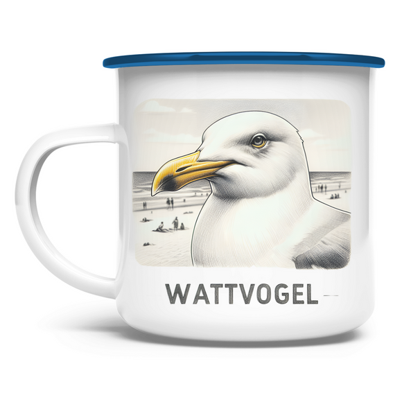 Emaille Tasse Nordsee Möwe mit Strand und Touristen im Hintergrund