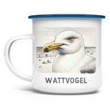Emaille Tasse Nordsee Möwe mit Strand und Touristen im Hintergrund