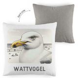 Kopfkissen zweifarbig Nordsee Möwe mit Strand und Touristen im Hintergrund