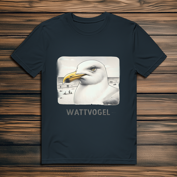 Herren Premium Bio T-Shirt Nordsee Möwe mit Strand und Touristen im Hintergrund