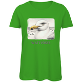 Damen Premium Bio T-Shirt Nordsee Möwe mit Strand und Touristen im Hintergrund