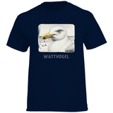 Herren Promo T-Shirt Nordsee Möwe mit Strand und Touristen im Hintergrund