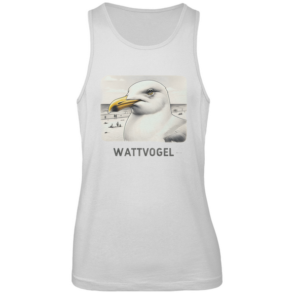 Herren Premium Tank Top Nordsee Möwe mit Strand und Touristen im Hintergrund