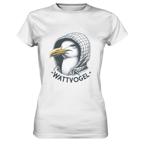 T-Shirt Damen Möwe mit Kaputze Schriftzug Wattvogel - Ladies Premium Shirt