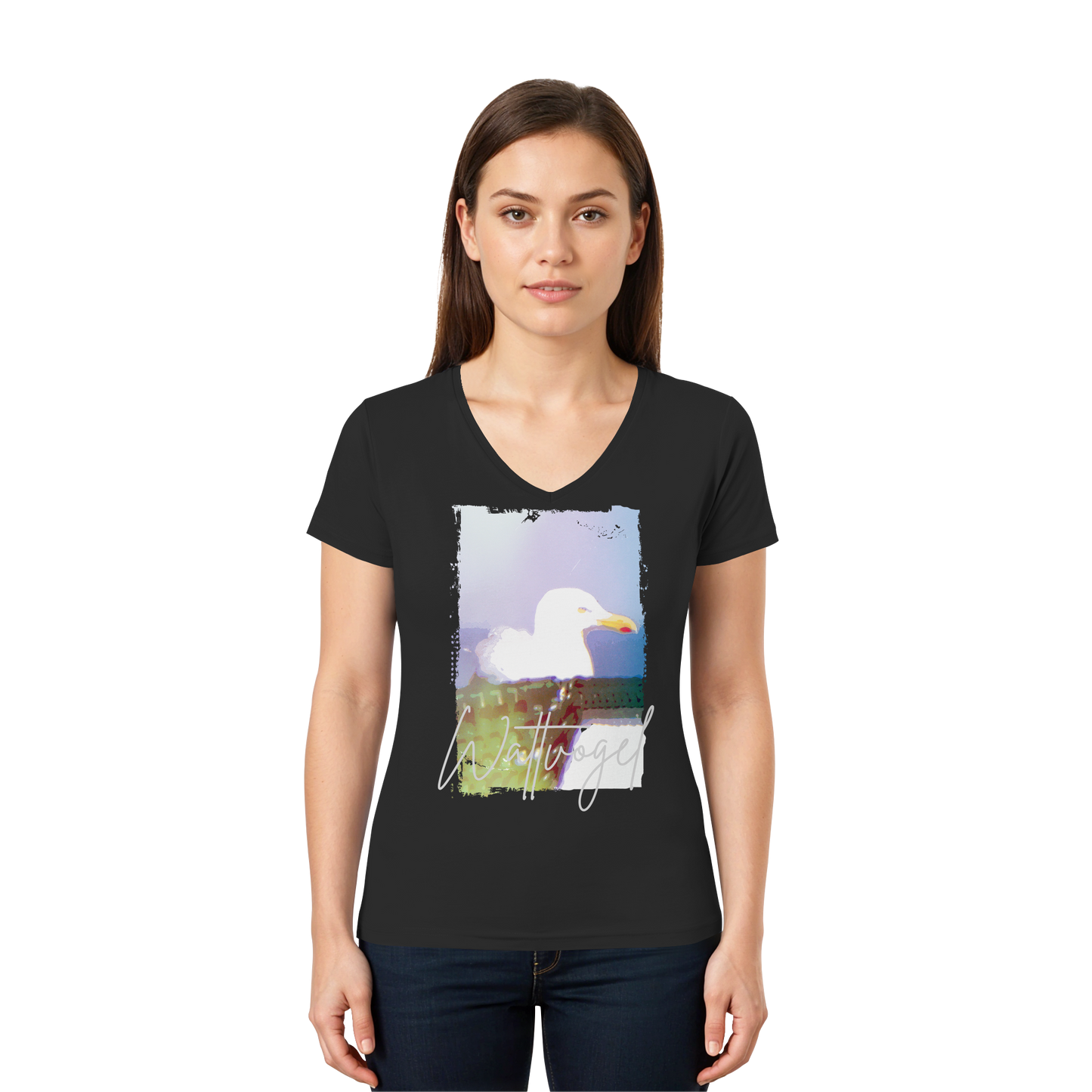 Wattvogel® Nordsee Möwe – Strandkorb Moment  - Ladies V-Neck Shirt