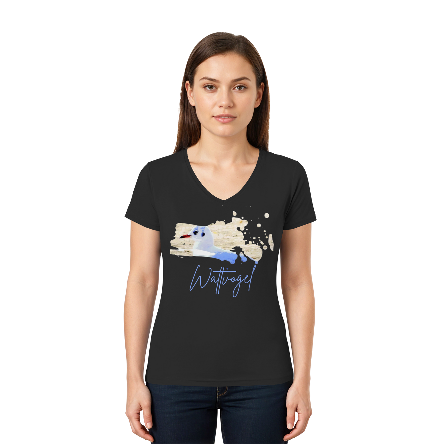 Wattvogel® – Nordsee Möwe im maritimen Kunst-Stil - Ladies V-Neck Shirt