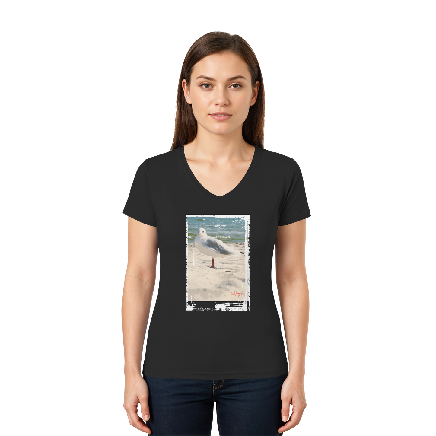 Wattvogel Nordsee Möwe am Strand - Ladies V-Neck Shirt