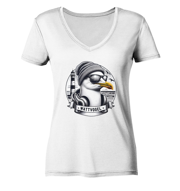 Coole Möwe mit Mütze und Sonnenbrille - Ladies V-Neck Shirt
