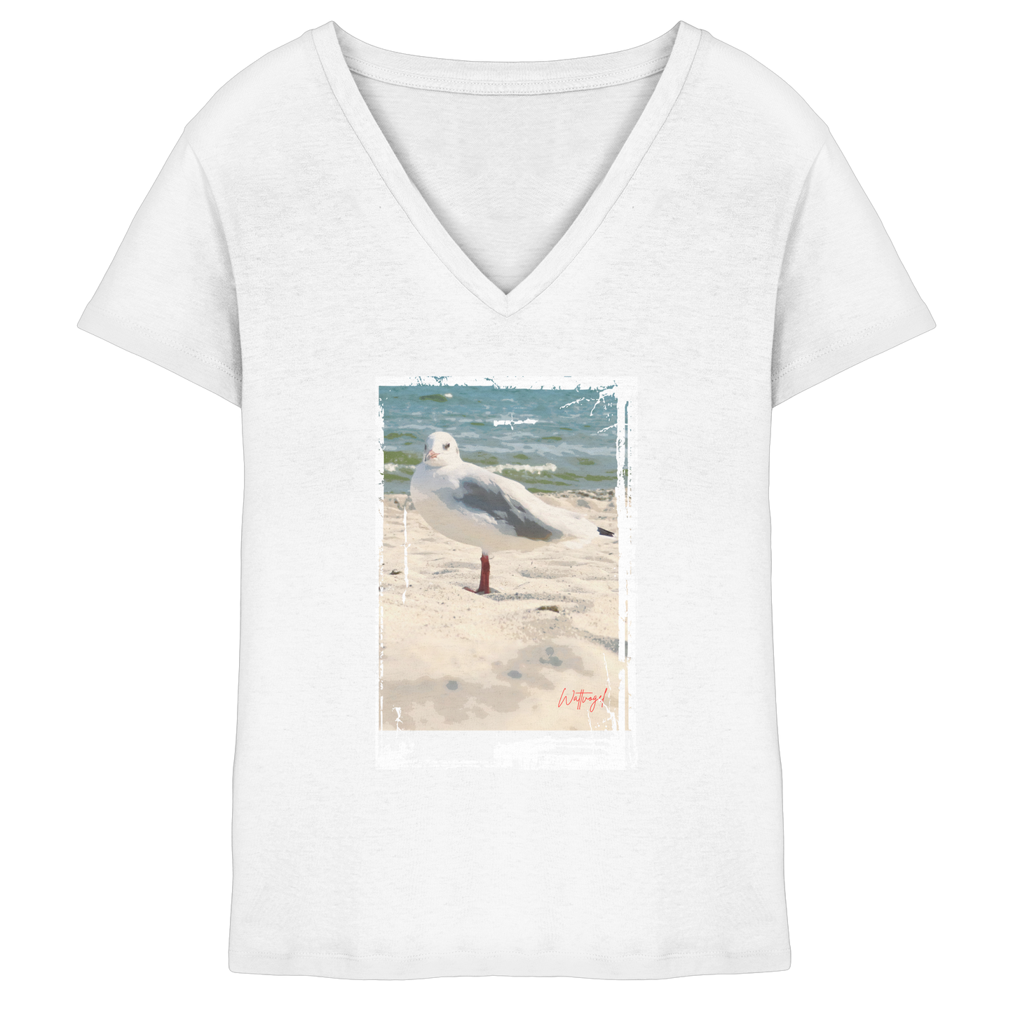 Wattvogel Nordsee Möwe am Strand - Ladies V-Neck Shirt