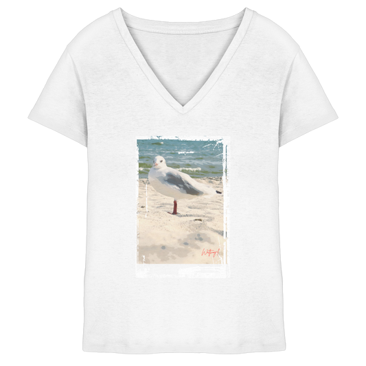 Wattvogel Nordsee Möwe am Strand - Ladies V-Neck Shirt