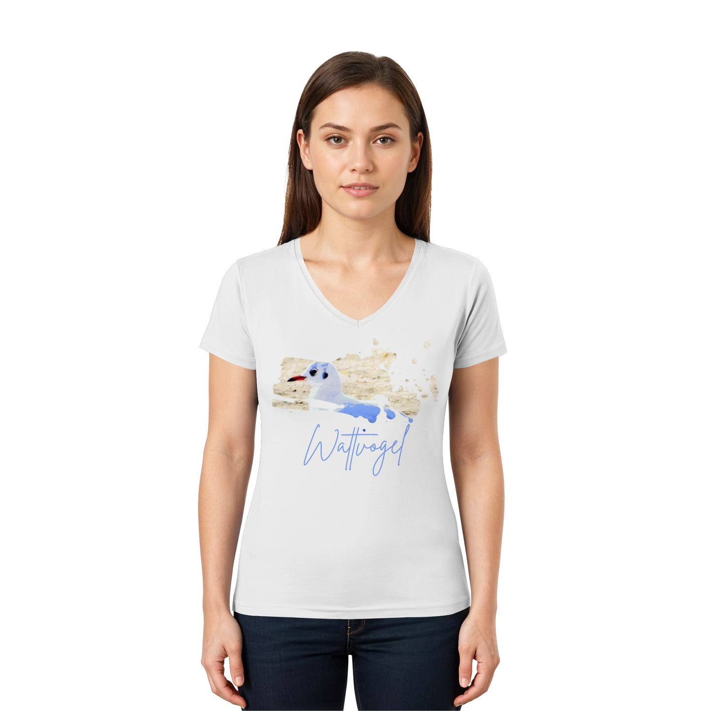 Wattvogel® – Nordsee Möwe im maritimen Kunst-Stil - Ladies V-Neck Shirt