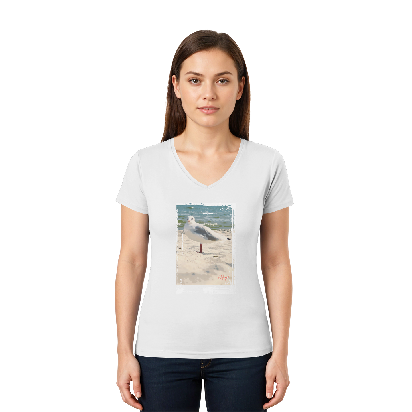 Wattvogel Nordsee Möwe am Strand - Ladies V-Neck Shirt