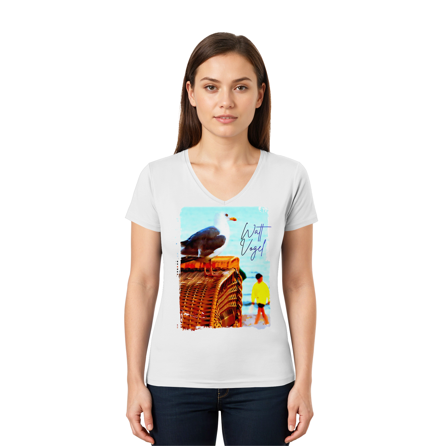 Wattvogel Foto Design am Strand - Ladies V-Neck Shirt